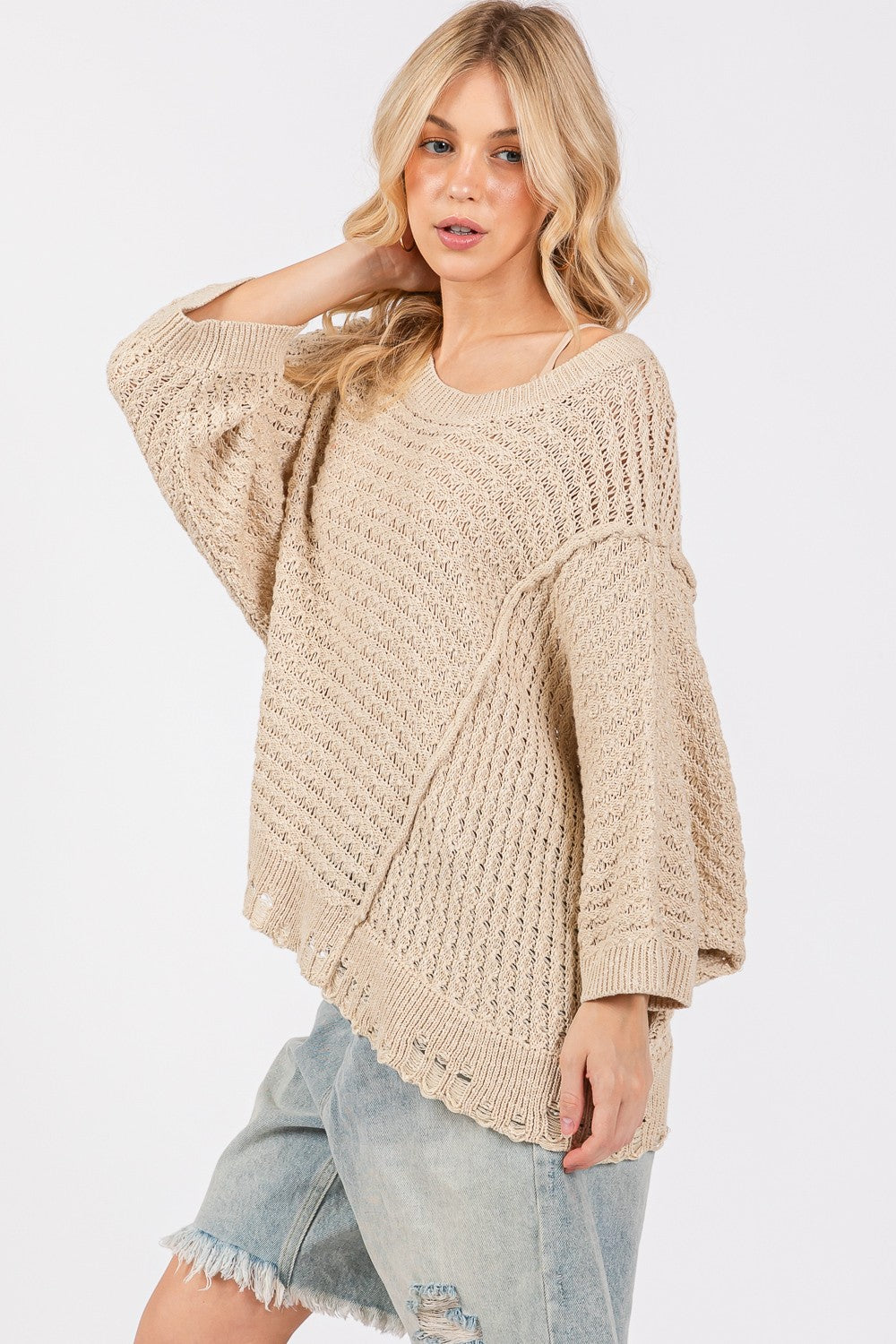 SAGE + FIG Distressed Asymmetrical Open Stitch Long Sleeves Sweater | Mushroom