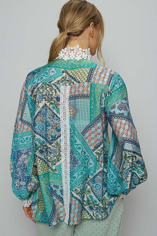 POL Lace Detail Long Sleeves Mock Neck Paisley Pattern Woven Blouse | Teal