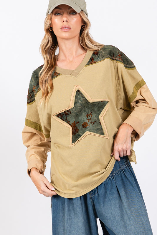 SAGE + FIG Star Patch Cotton Long Sleeves Color Block Oversized T-Shirt | Olive