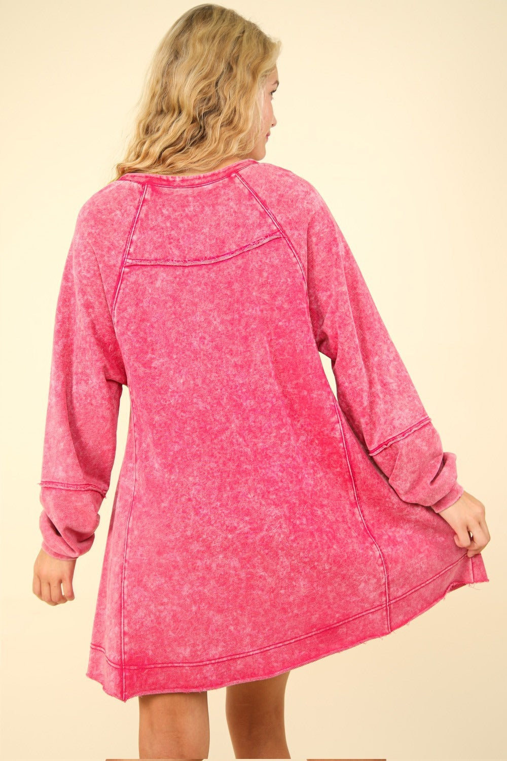 VERY J Mineral Wash Raglan Sleeves V-Neck Oversized A-Line Mini Dress | Magenta