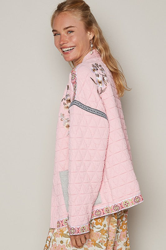 POL Vintage Washed Embroidered Open Front Long Sleeves Quilted Jacket | Pink