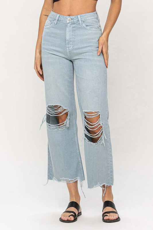 VERVET Cloud Blue 90's Vintage Distressed Knees Raw Hem Cropped Flare Jeans