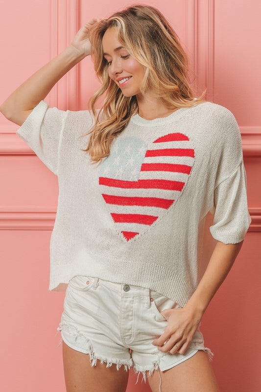 BiBi Striped Heart Contrast Round Neck Short Sleeves Knit Top | Off White