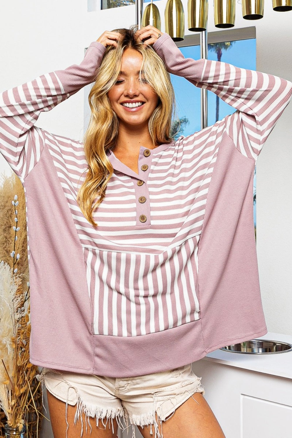 BiBi Striped Pattern Thumbhole Long Sleeves Half Buttoned Pullover Top | Mauve