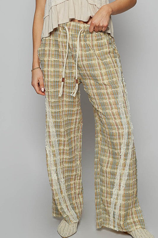 POL Lace Trim Drawstring Checkered Pattern Roomy Fit Wide Leg Pants | Sage