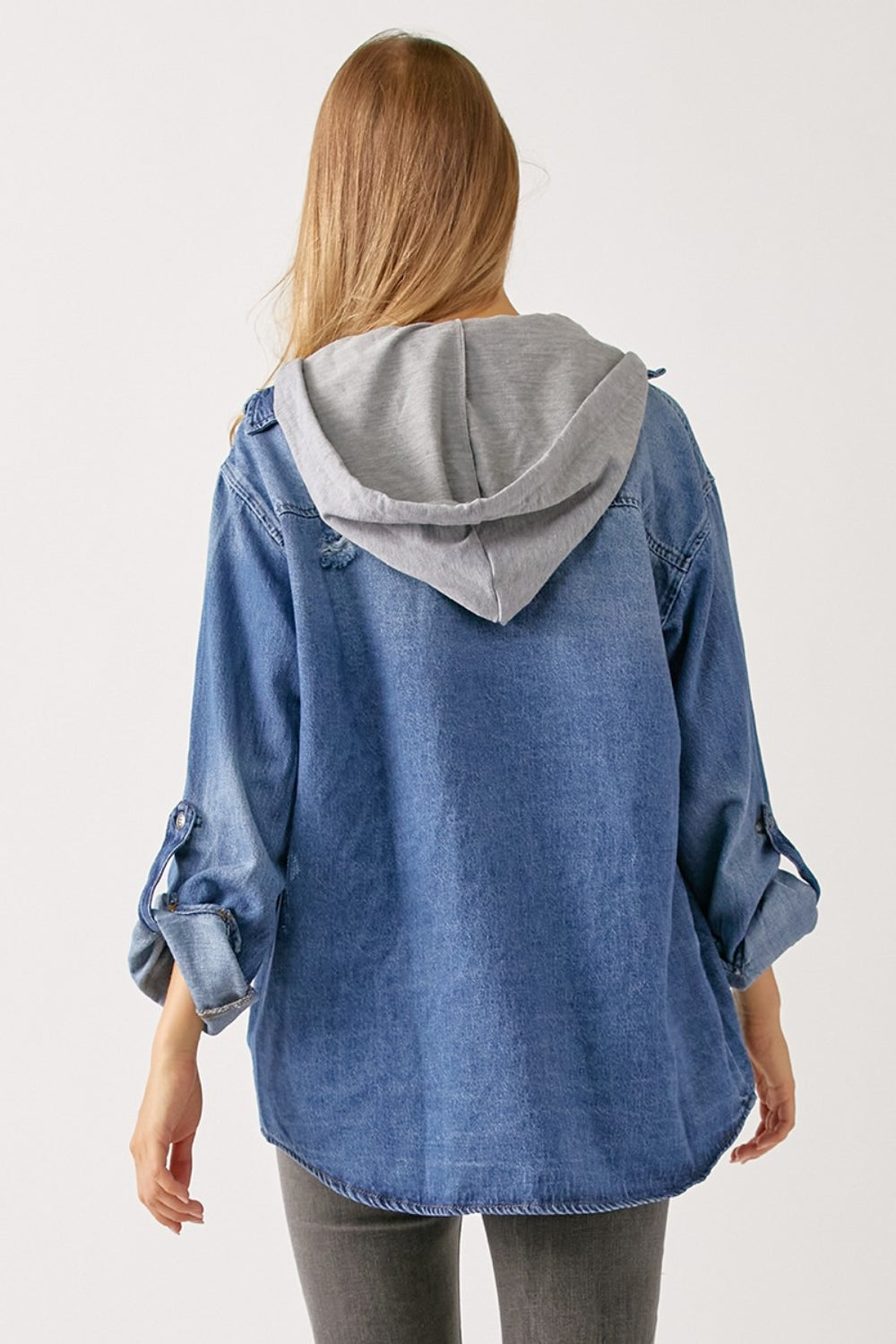 RISEN Oversized Long Sleeves Zip Up Pockets Dark Wash Hooded Denim Shirt