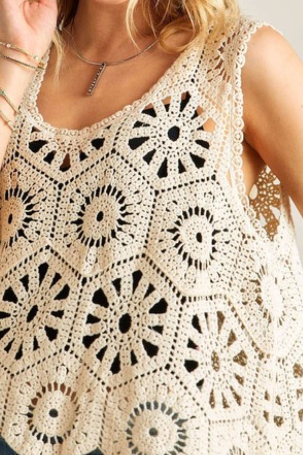 ADORA Crochet Detail Scoop Neck Wide Shoulder Strap Knit Tank Top | Beige