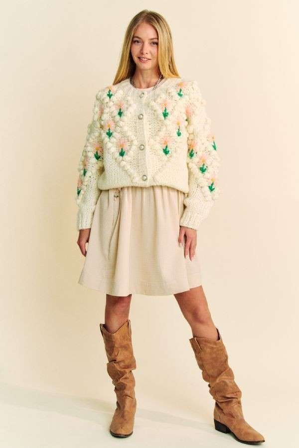 Davi & Dani Embellishments Floral Pattern Button Up Chunky Knit Cardigan | Cream