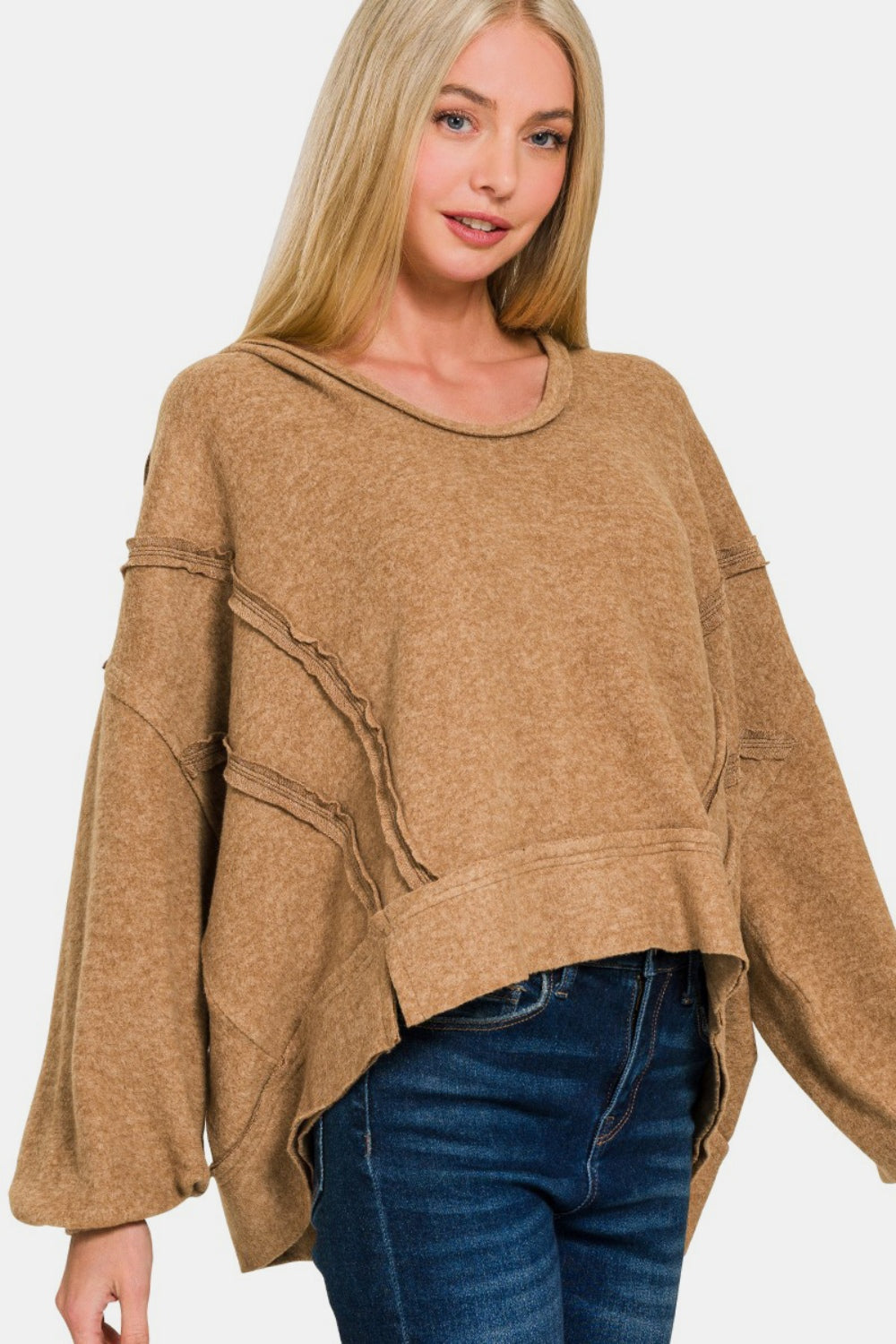 ZENANA Brushed Hacci Exposed Seam Balloon Sleeves Hoodie Sweatshirt | Deep Camel