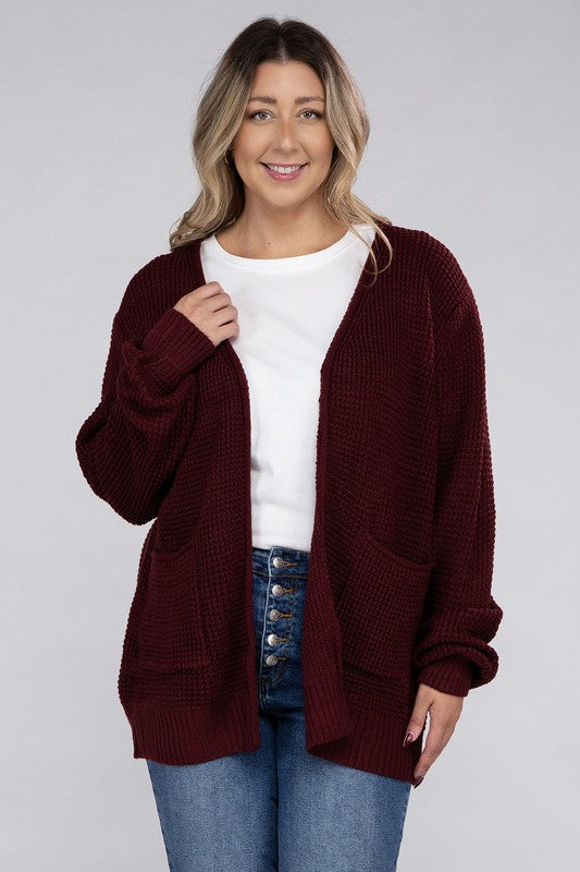 ZENANA Plus Low Gauge Waffle Oversized Open Front Sweater Cardigan