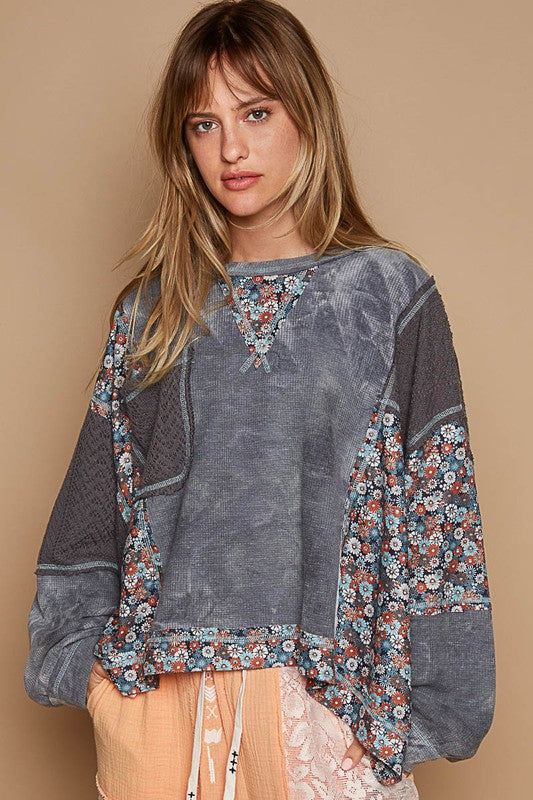 POL Floral Patchwork Round Neck Tie-Dye Print Thermal Oversized Top | Gray