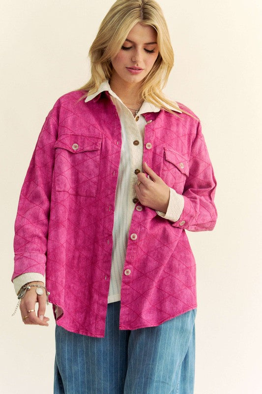 Davi & Dani Curved Hem Diamond Quilted Button Up Denim Shacket | Hot Pink