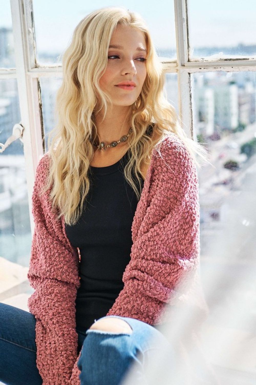 ADORA Popcorn Knit Open Front Long Sleeve Cardigan | Mauve