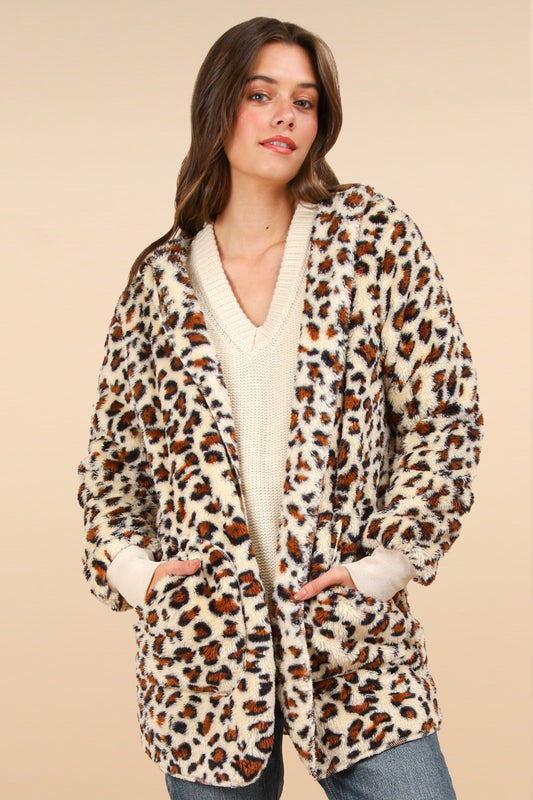 VERY J Fuzzy Leopard Pattern Long Sleeves Pockets Hooded Jacket | Ivory