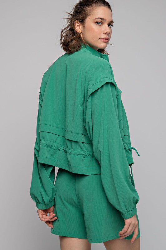 Rae Mode Crinkle Woven Long Sleeves Drawstring Cropped Jacket