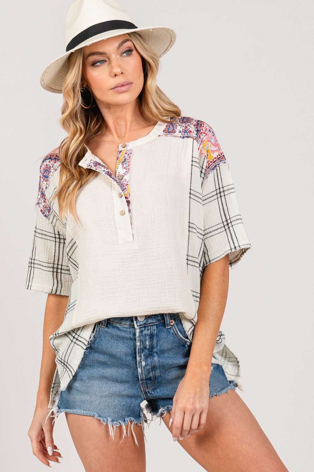 SAGE + FIG Plaid Pattern Half Button Gauze Short Sleeves Oversized Top | Ivory