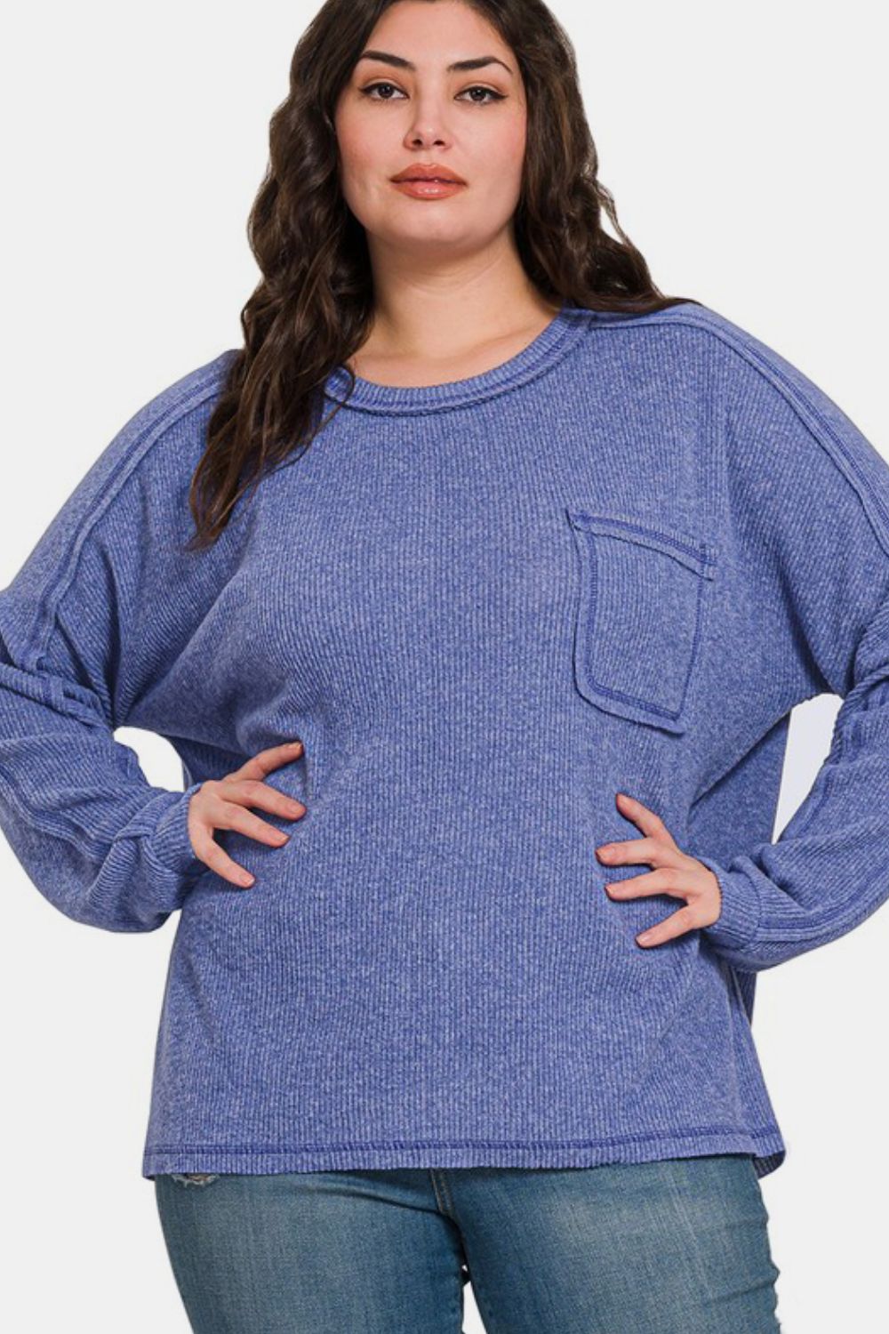 Zenana Contrast Stitching Brushed Ribbed Hacci Round Neck Knit Top | Blue