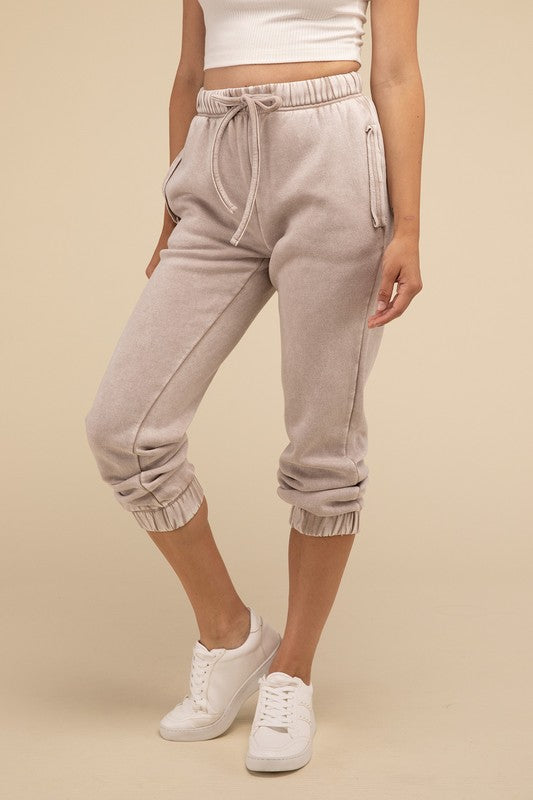 ZENANA Acid Wash Side Pockets Fleece Drawstring Cropped Sweatpants