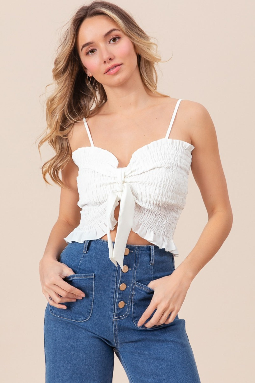 BiBi Ruffled Smocked Ribbon Detailed Adjustable Strap Woven Cami Top | Off White