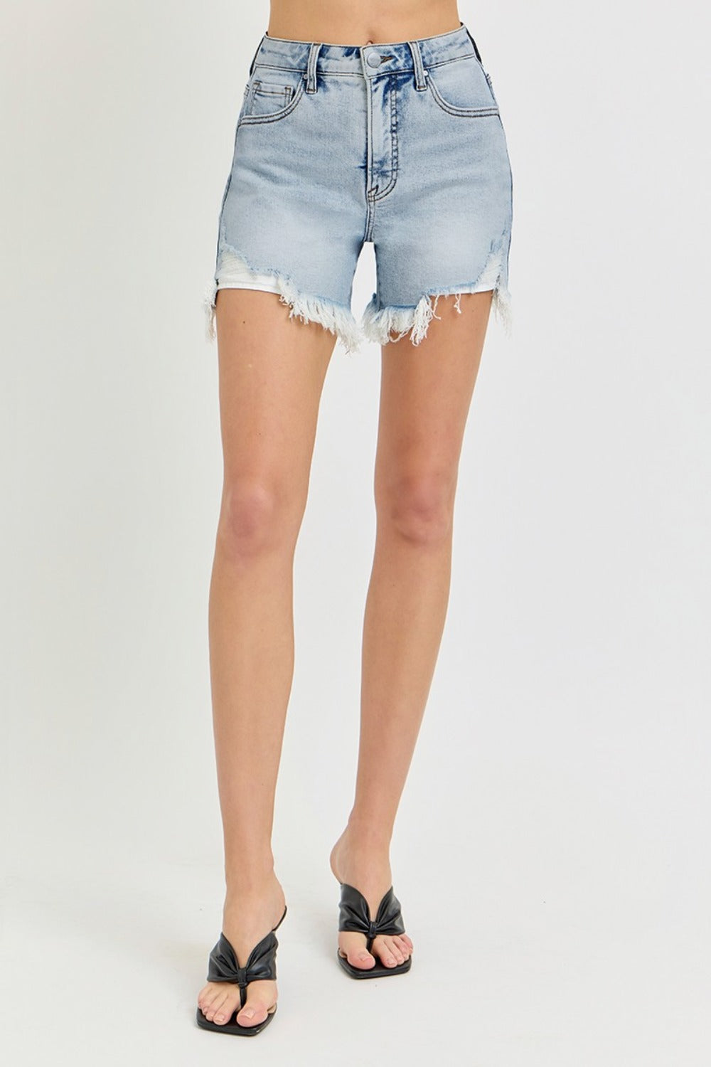 RISEN High Rise Side Step Hem Zipper Fly Light Wash Denim Shorts