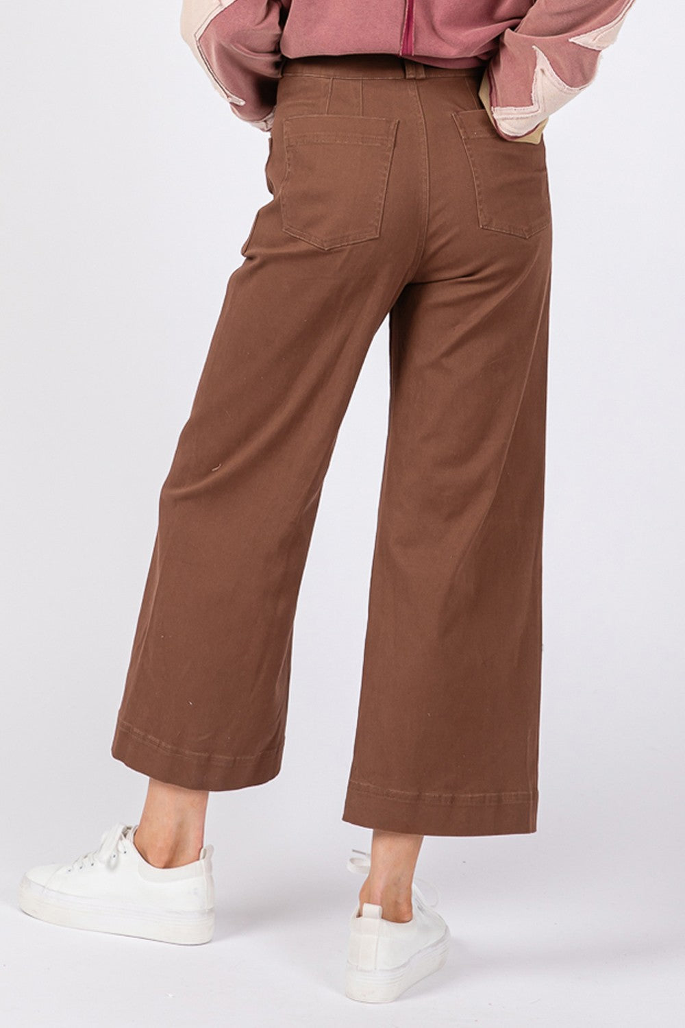 SAGE + FIG Adjustable Button Closure Pockets Wide Leg Cropped Pants | Mocha