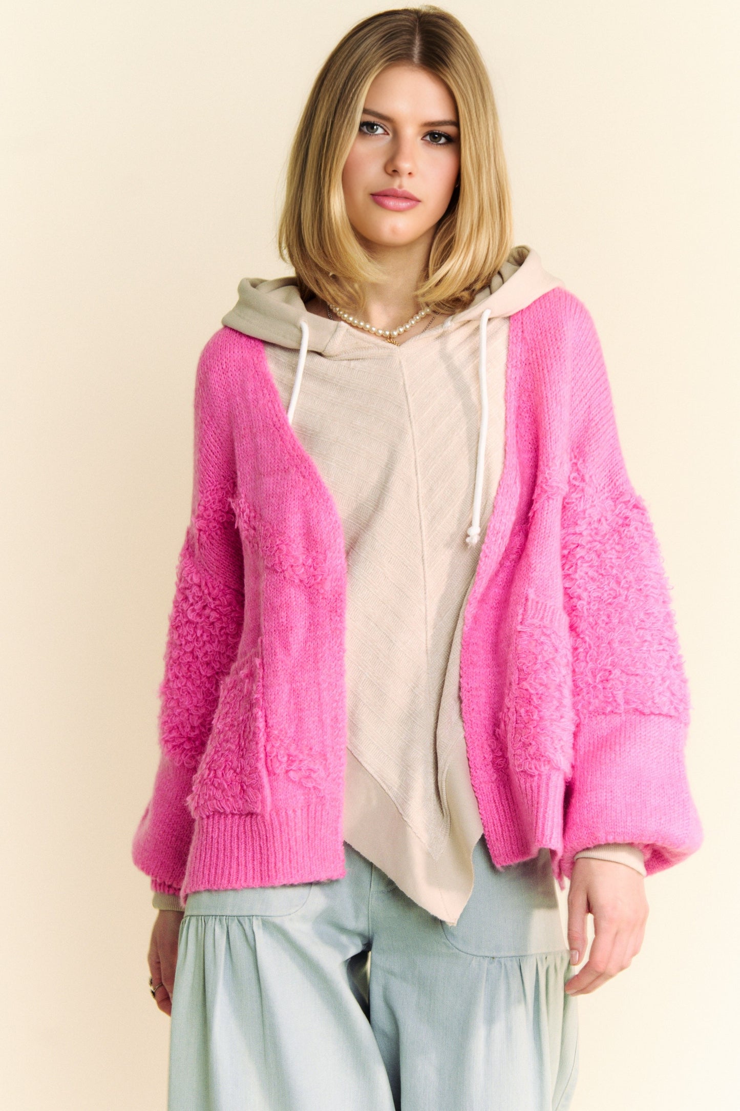 Davi & Dani Side Slit Open Front Long Sleeves Pockets Comfy Knit Cardigan | Pink