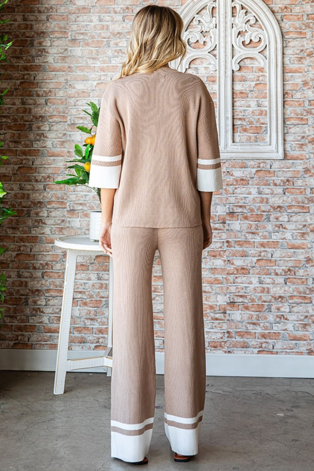 First Love Contrast Hem Elastic Band Ribbed Knit Long Straight Pants | Mocha