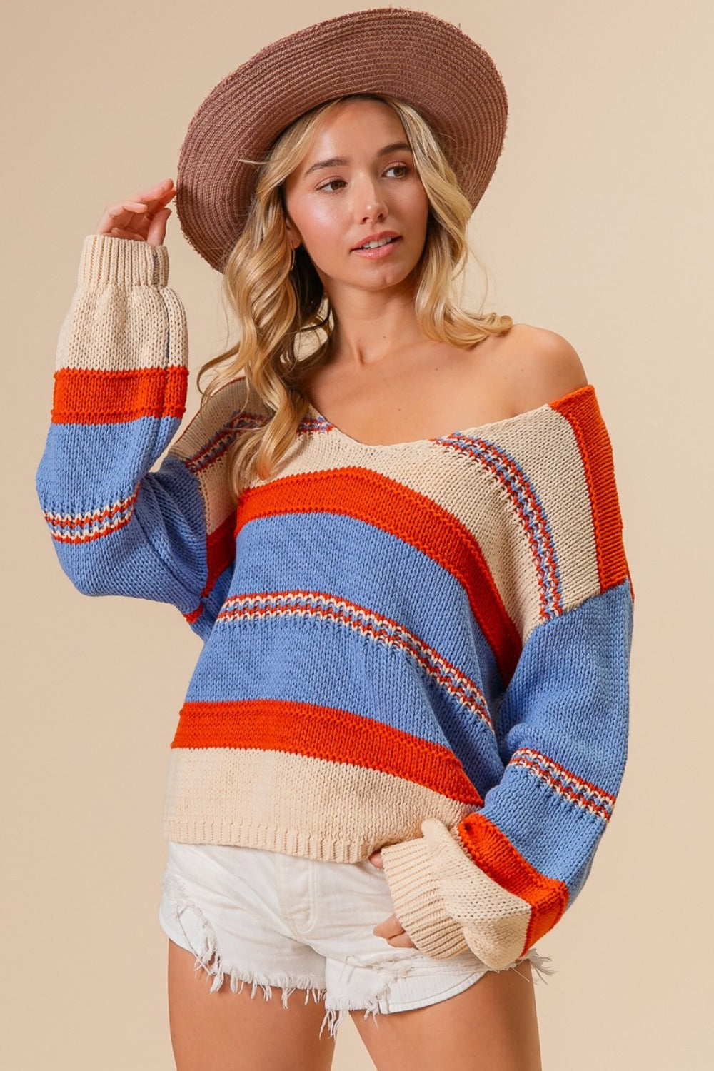 BiBi Multi Color Striped Print Scoop Neck Long Sleeves Sweater | Rust/Oatmeal