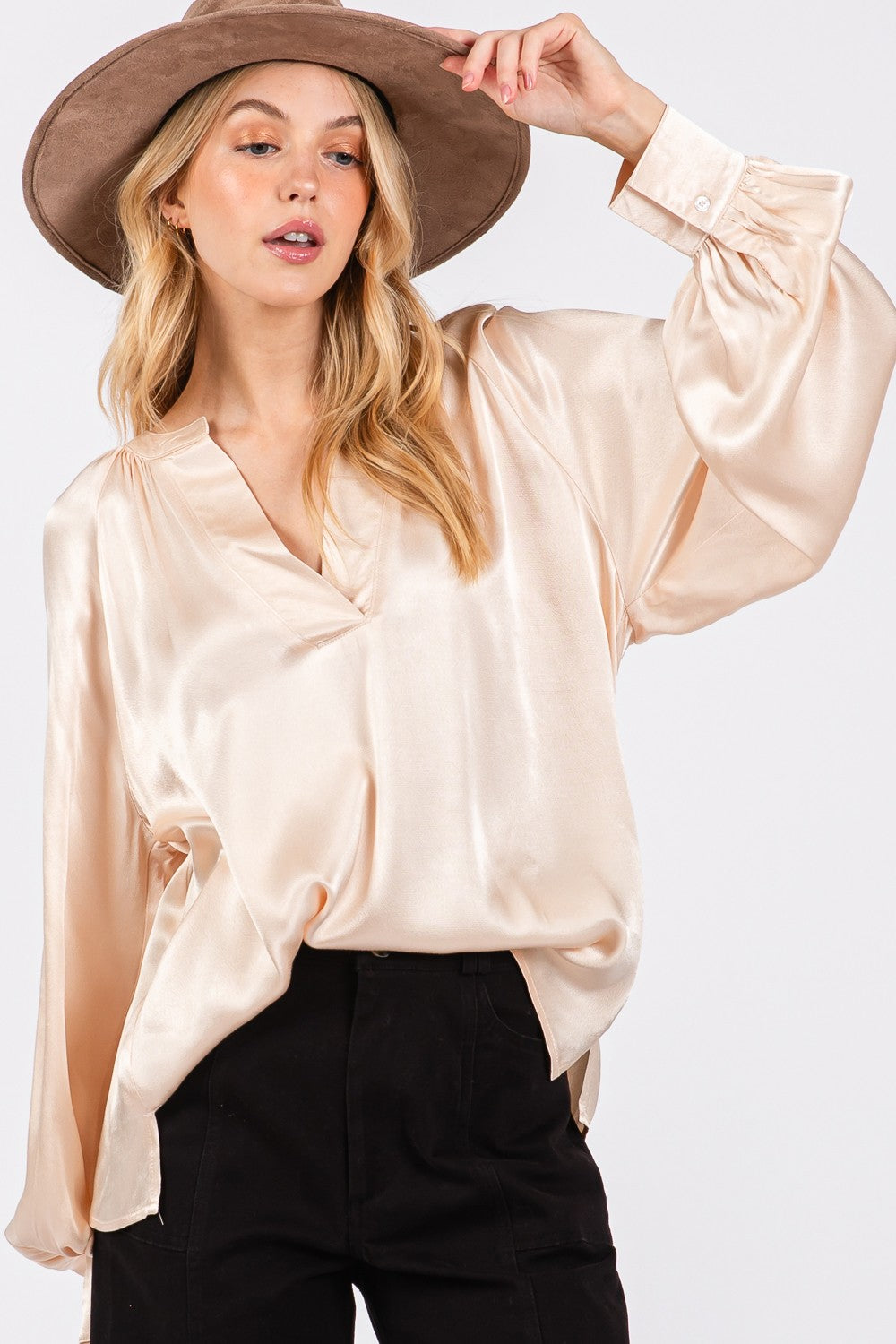 SAGE + FIG Viscose Split Neck Raglan Long Sleeves Relaxed Fit Blouse | Champagne