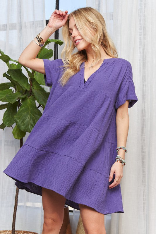 ADORA Tiered Detail V-Neck Short Sleeves Drop Shoulder Babydoll Dress | Purple