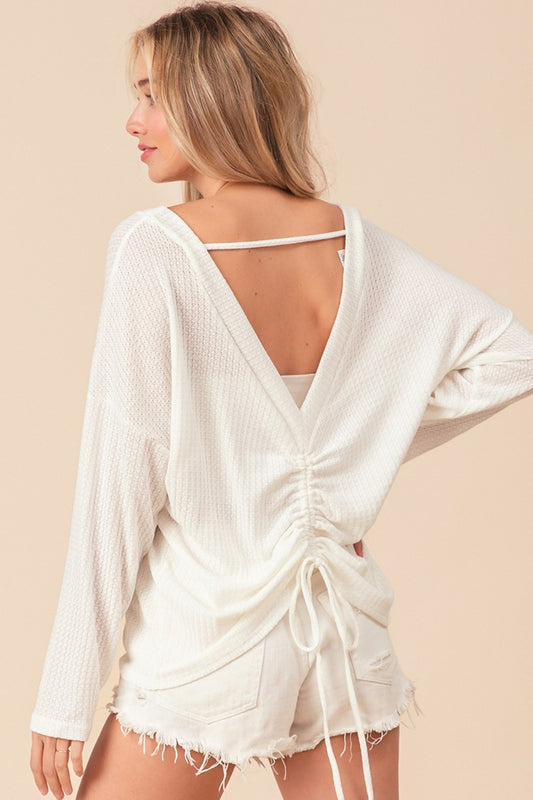 BiBi Waffled Backless Drawstring Long Sleeves T-Shirt