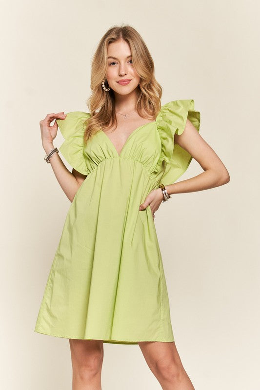 ADORA Smocked Back Ruffled Cap Sleeve Babydoll Dress | Lime