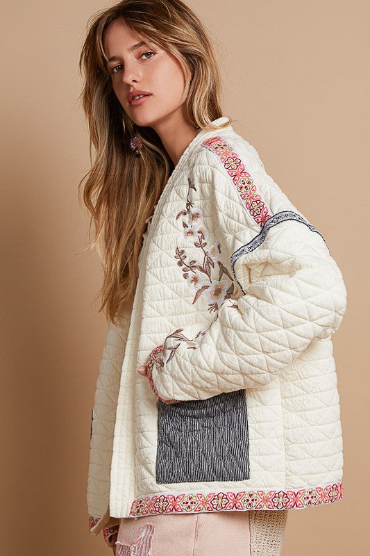 POL Vintage Washed Embroidered Open Front Long Sleeves Quilted Jacket | Cream