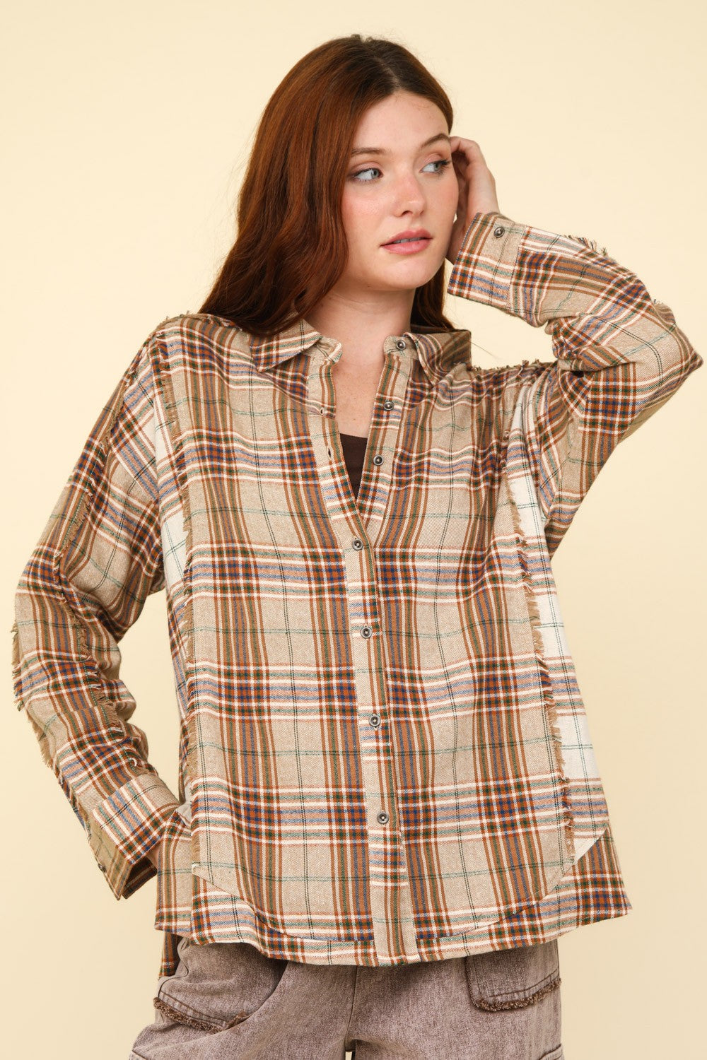 VERY J Contrast Plaid Pattern Frayed Detail Long Sleeves Oversized Shirt | Taupe