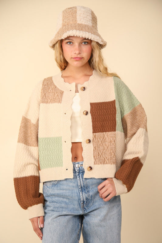 VERY J Color Block Button Down Textured Knit Cropped Sweater Cardigan | Oatmeal