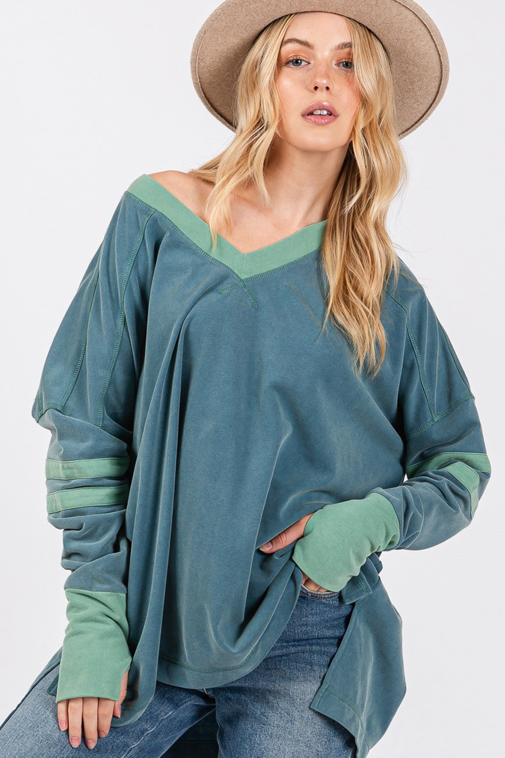 SAGE + FIG Mineral Wash Side Slit Contrast V-Neck Oversized T-Shirt | Teal