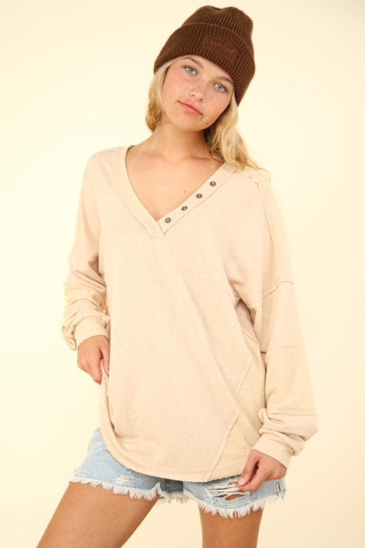 VERY J Washed V-Neck Raw Edge Button Trim Curve Hem Oversized Knit Top | Beige