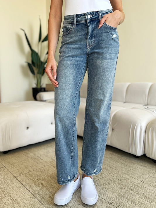 Judy Blue Full Size Mid Rise Distressed Medium Wash Straight Denim Jeans