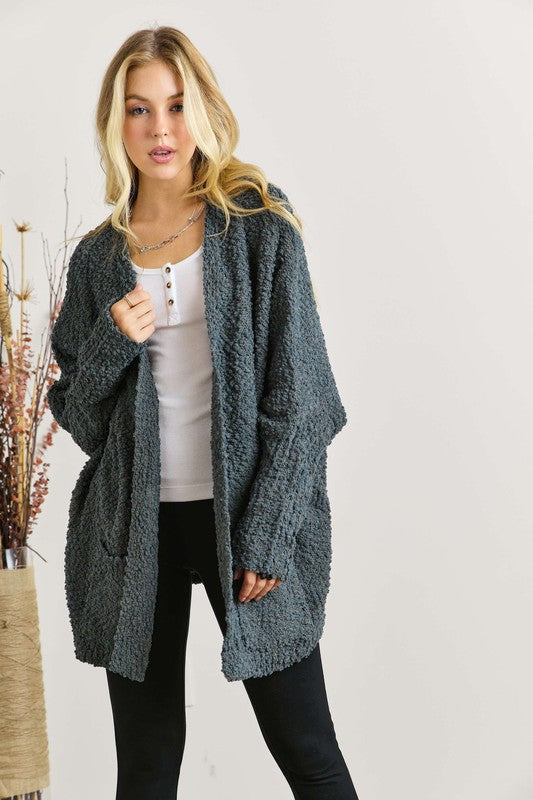 ADORA Popcorn Knit Pockets Long Sleeves Open Front Sweater Cardigan | Dark Olive