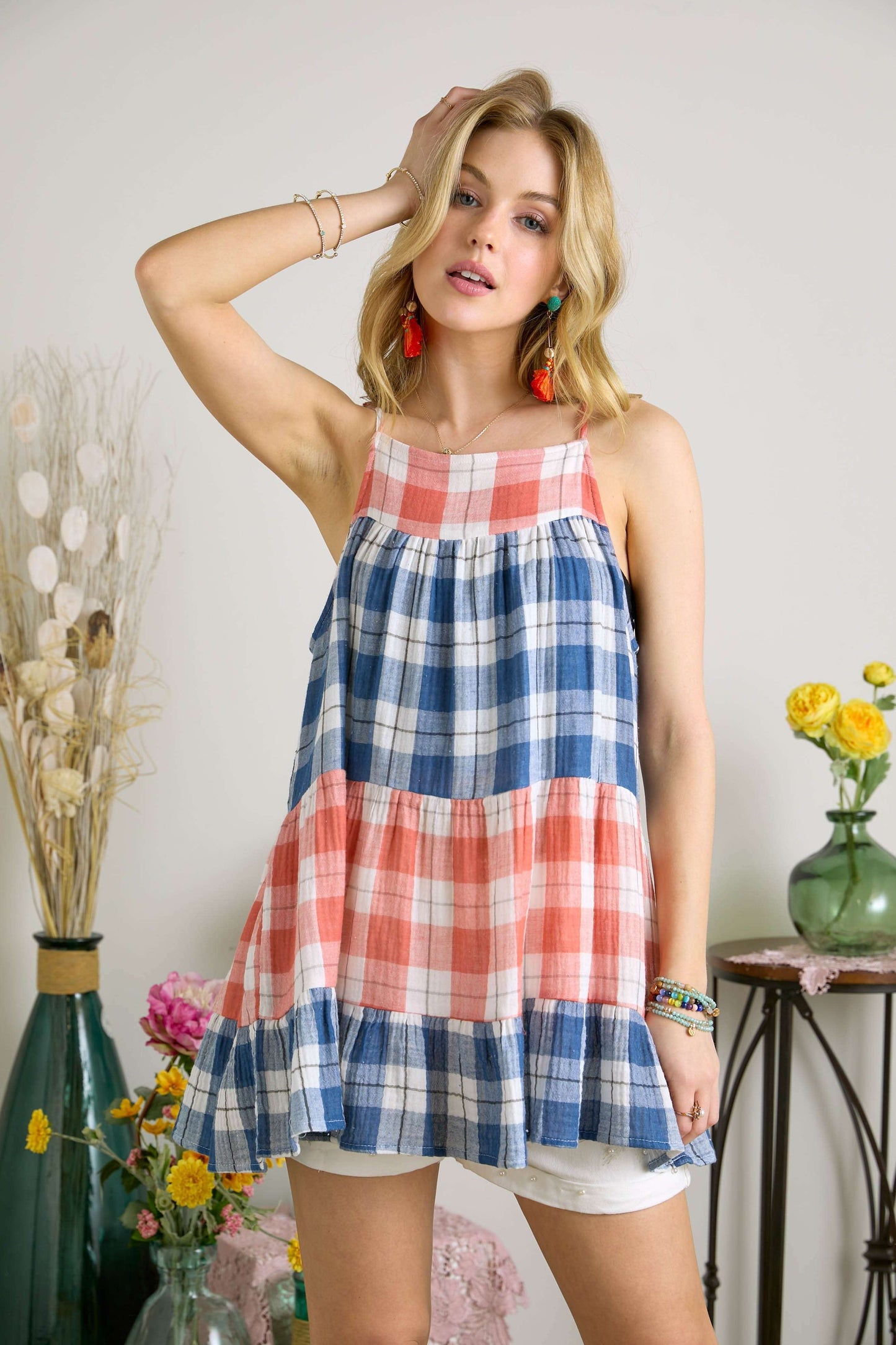 ADORA Plaid Pattern Tiered Adjustable Spaghetti Strap Babydoll Cami Top | Peach