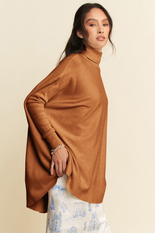 Davi & Dani High-Low Turtleneck Long Sleeves Loose Fit Knit Sweater | Caramel