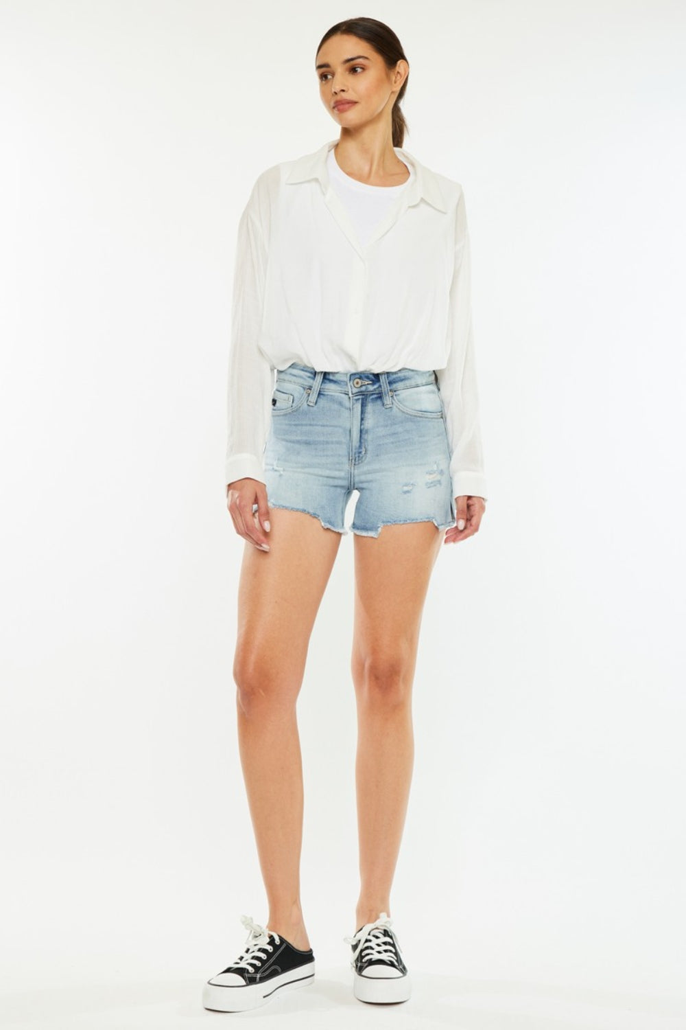 KanCan High Rise Side Slit Frayed Hem Distressed Medium Wash Denim Shorts