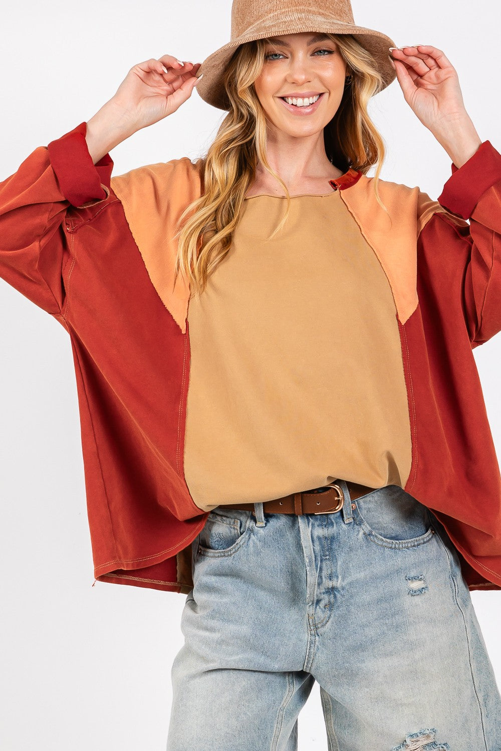 SAGE + FIG Mineral Wash Color Block Detail Long Sleeves Oversized Top | Toast