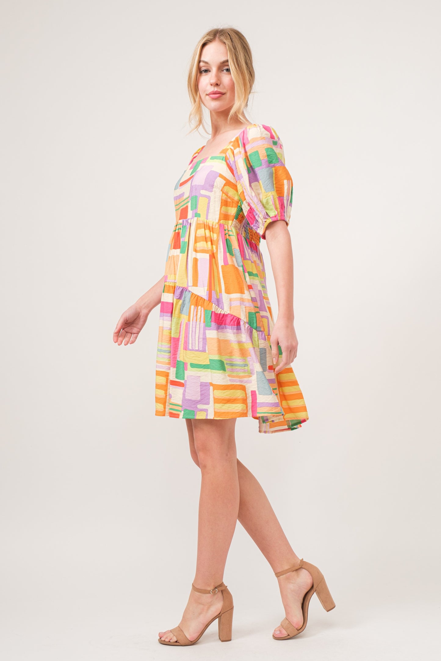 And The Why Square Neckline Short Puff Sleeves Tiered Geo Printed Dress | Yellow