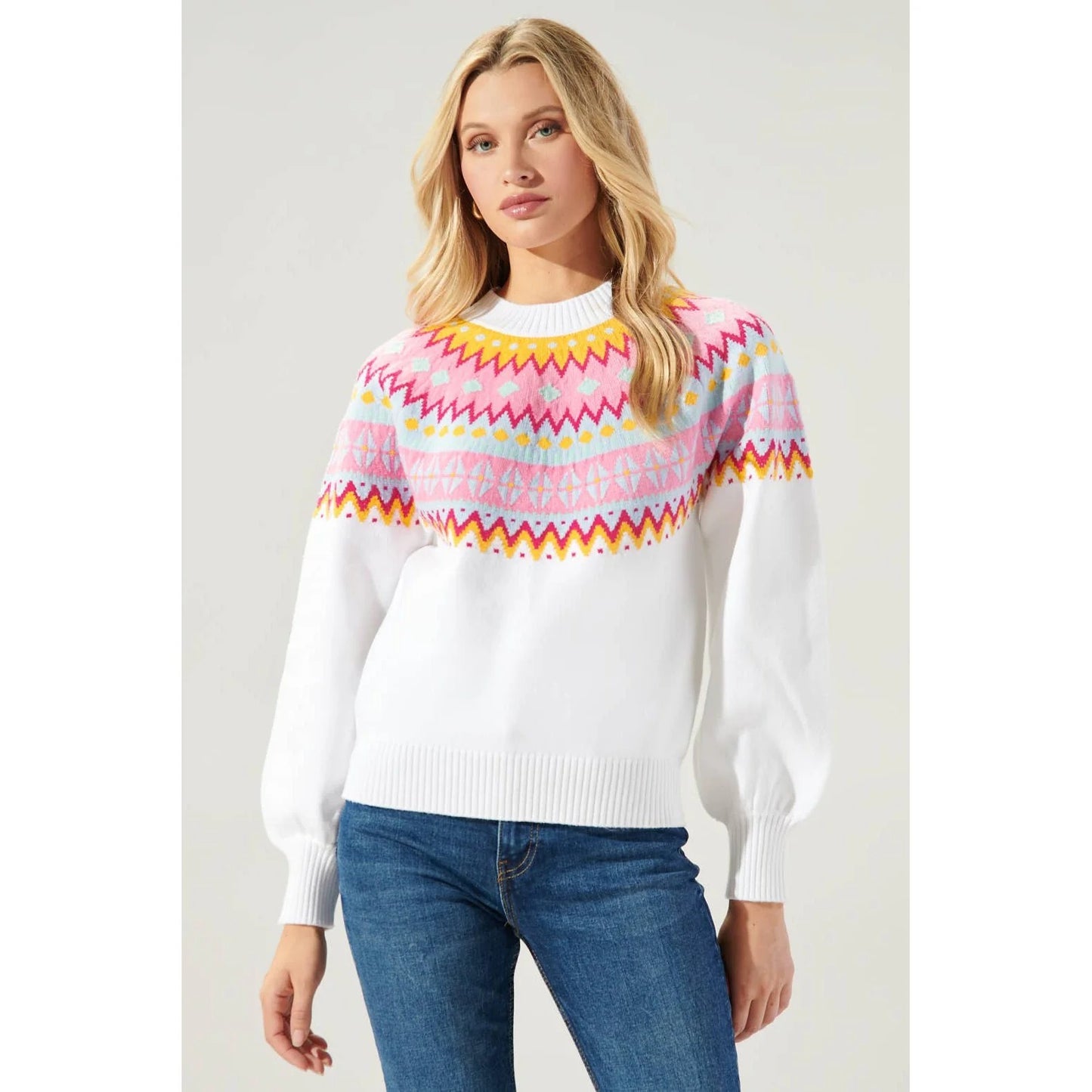Threaded Pear Avery Ethnic Geometric Print Drop Shoulder Relaxed Sweater | White