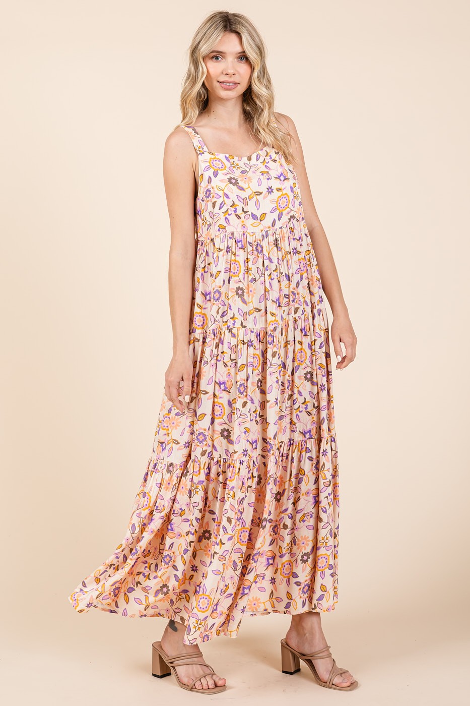 Mittoshop Flower Print Tiered Square Neck Sleeveless Empire Maxi Dress | Sherbet