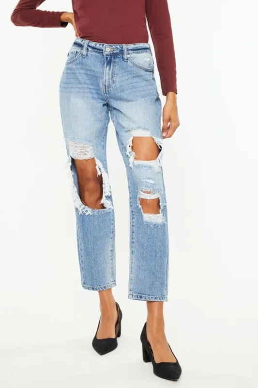 KanCan Ultra High Rise Waist Distressed Light Wash Ankle Boyfriend Denim Jeans