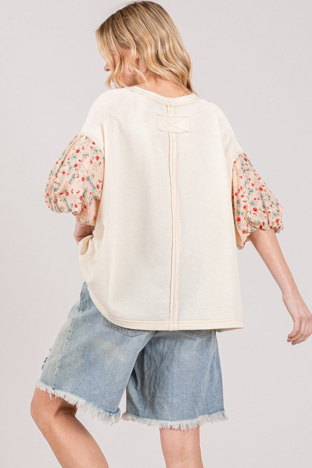 SAGE + FIG Floral Bubble Sleeves Cotton Round Neck Oversize Pullover Top