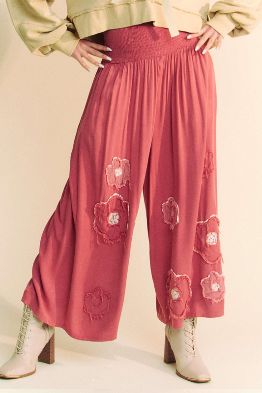 Davi & Dani Smocked Waist Washed Floral Patchwork Wide Leg Pants | Strawberry