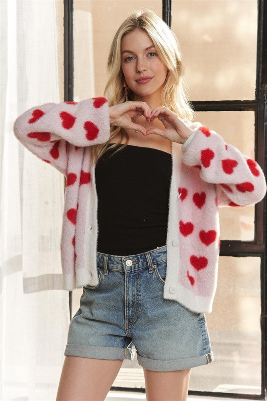 ADORA Fuzzy Lovely Heart Pattern Button Down Knit Sweater Cardigan | Ivory/Red